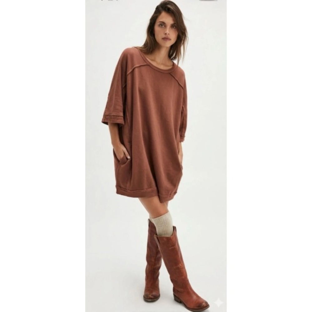 We The Free FP Oversized Sweatshirt Brown Pockets Sz M Mari Muscle Boho Casual
